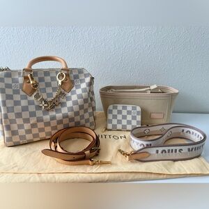 Louis Vuitton Speedy Bandoulière 25 Damier Azur Jacquard Strap,Wallet,bag charm